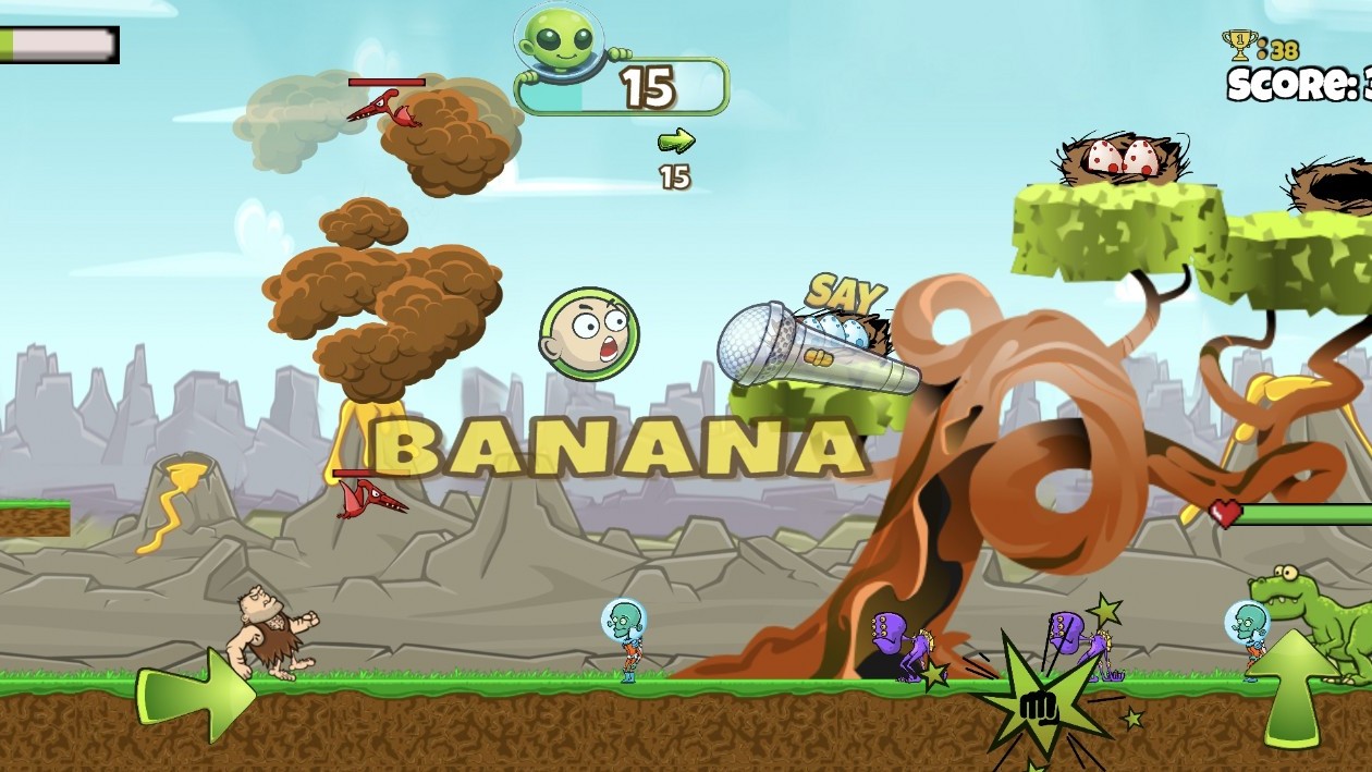 Caveman running past a giant lava tree toward aliens and a green dinosaur, with a BANANA shout bubble on screen