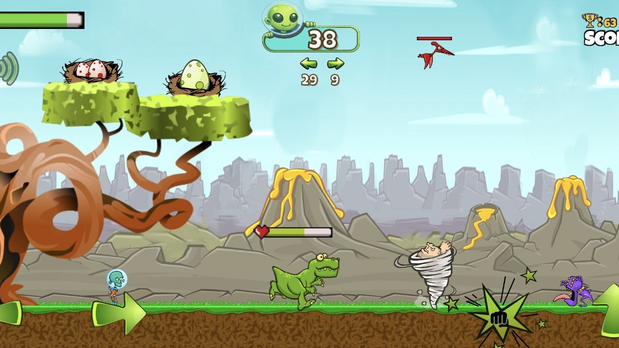 A green dinosaur charging along the ground while a small tornado spins near purple aliens and a nest-topped tree
