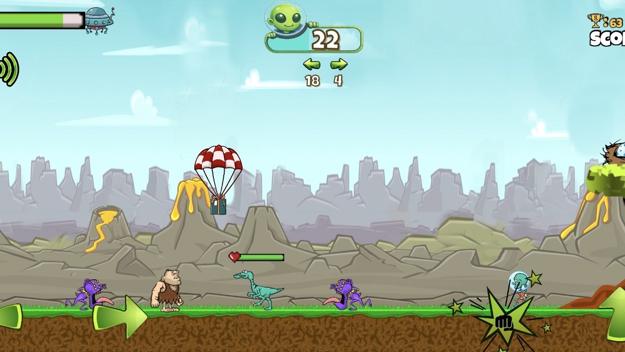 Caveman facing a raptor and purple aliens as a parachute gift drifts down over the prehistoric valley