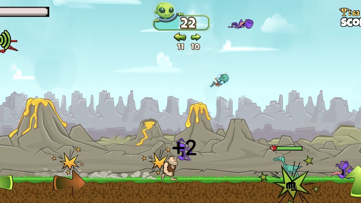 Caveman dashing in a cloud of dust and sparks, scoring +2 on a purple alien in front of lava volcanoes