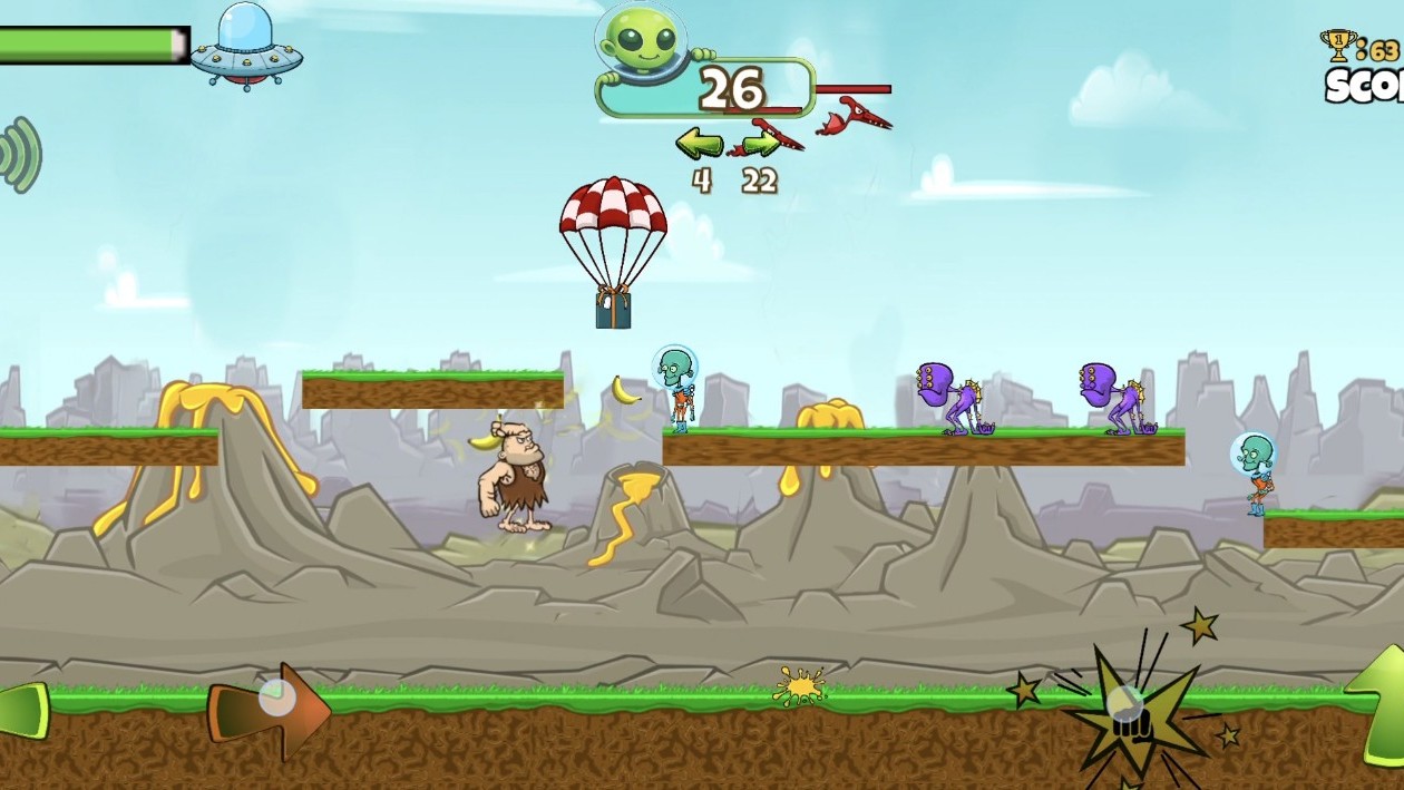 Caveman on grassy platforms heading toward purple aliens as a parachute gift drops beneath a UFO