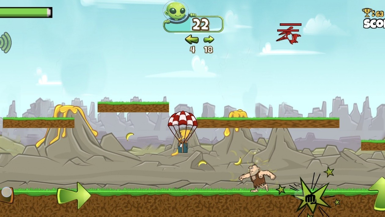 Caveman running along grassy platforms as a parachute gift drifts down and a green dinosaur enters from the left